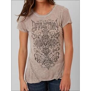 AFFLICTION Spiker Impact Crochet Rhinestone Burnout Tee Taupe Lava Wash Size M